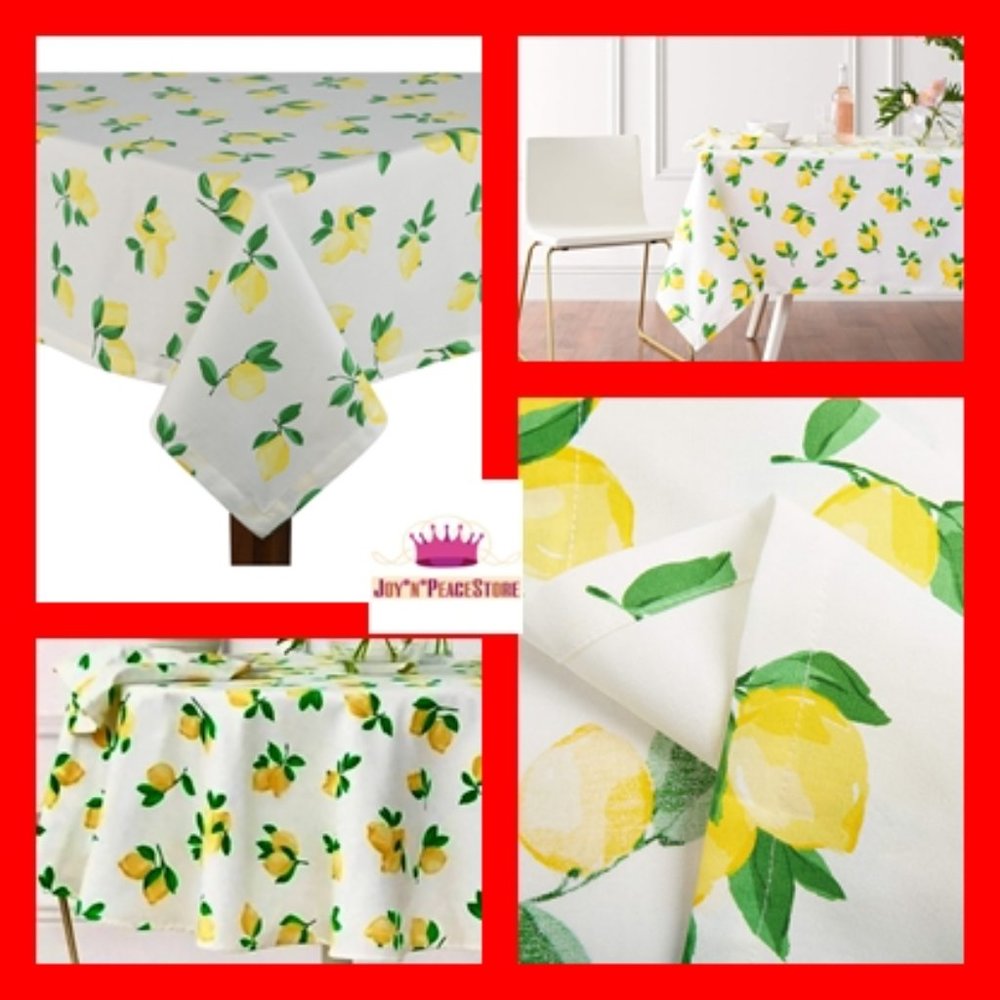 Kate Spade Lemonade White Yellow Green 100% Cotton Tablecloth 60x84
